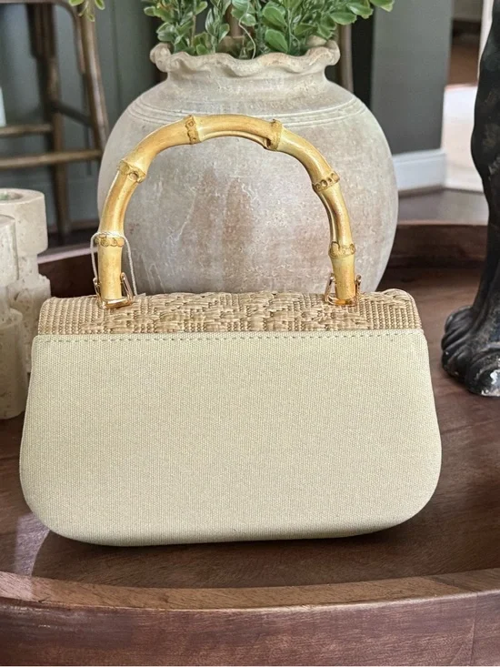 Brand NewTommy Bahama Natural Woven Mini Bag with Bamboo Handle - Picture 3 of 4